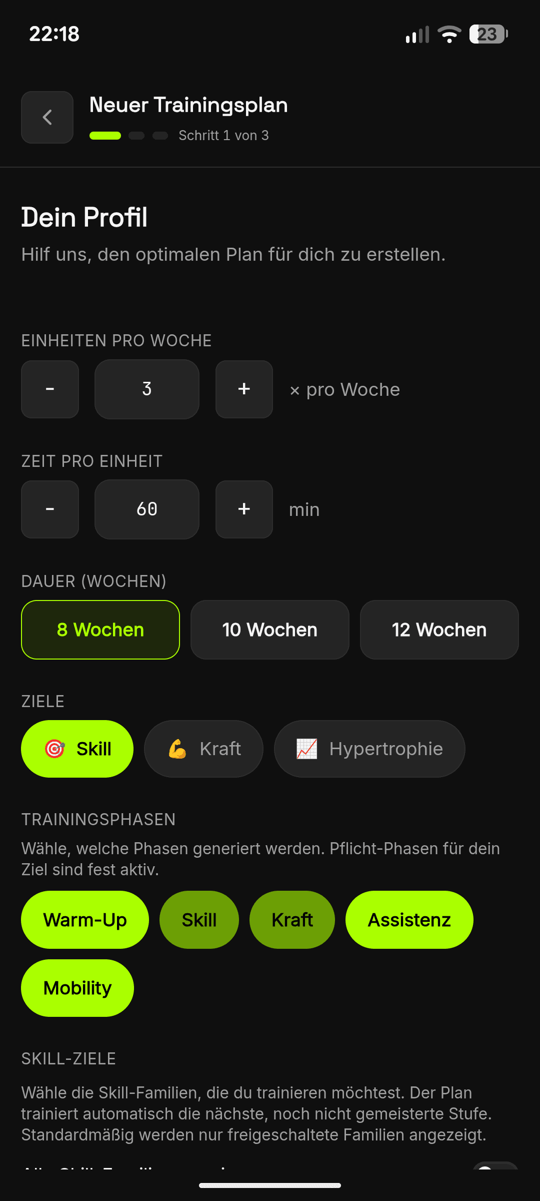 Plan-Generierung, Schritt 1: Profil