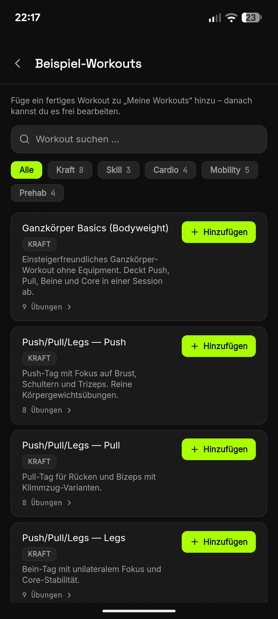 Beispiel-Workouts mit Kategorien