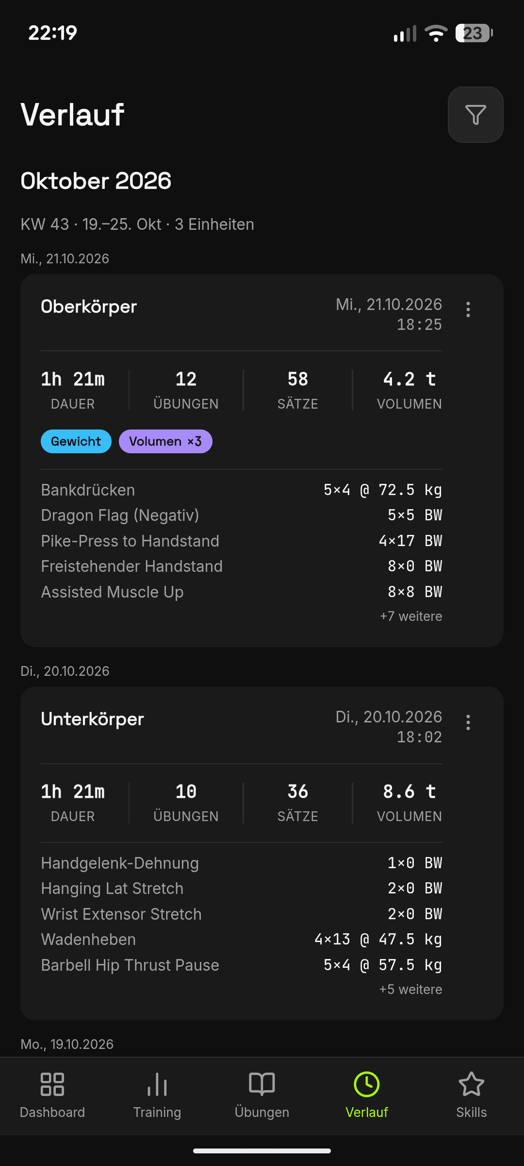 Trainingsverlauf mit vergangenen Einheiten