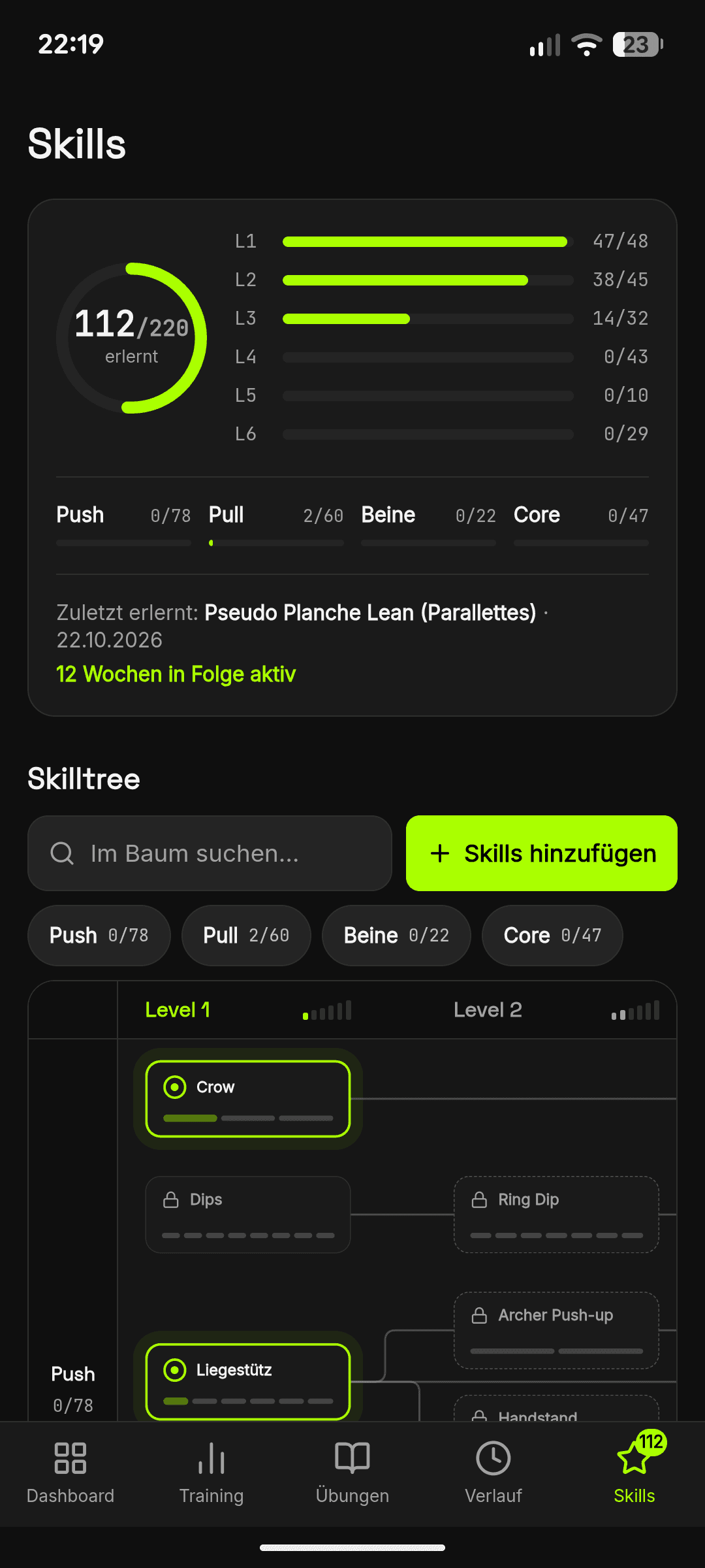 Skills-Übersicht mit erlernten Skills pro Level