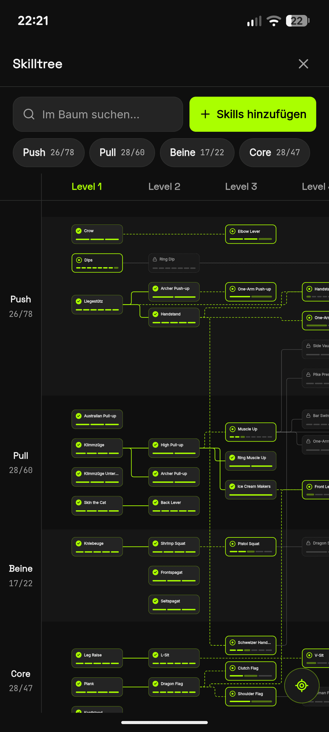 Skill-Tree auf dem Handy mit Push, Pull, Beine und Core