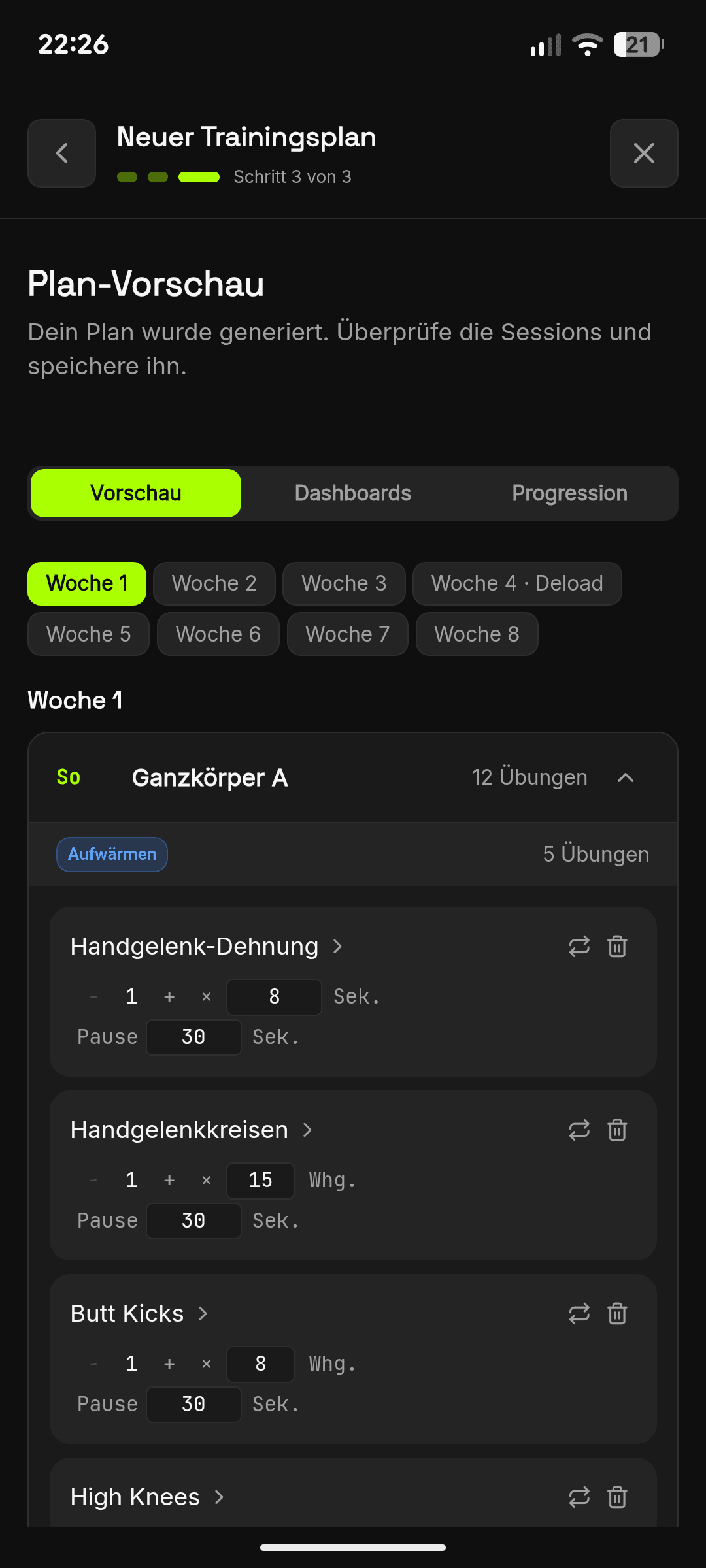 Plan-Vorschau mit Wochen und Übungen