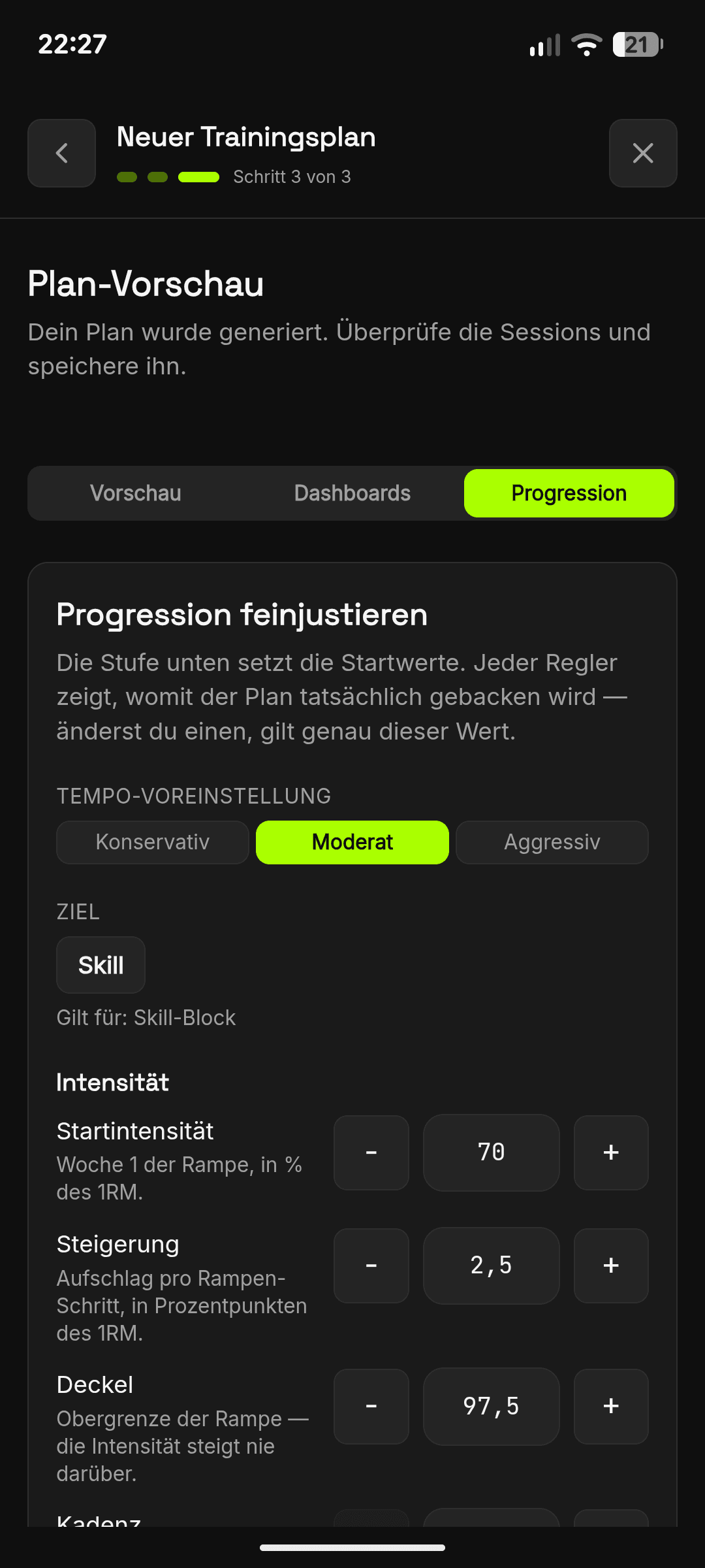 Progression feinjustieren mit Intensitäts-Reglern