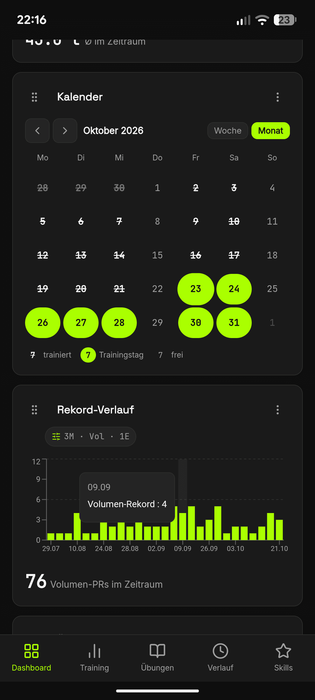 Kalender und Rekord-Verlauf