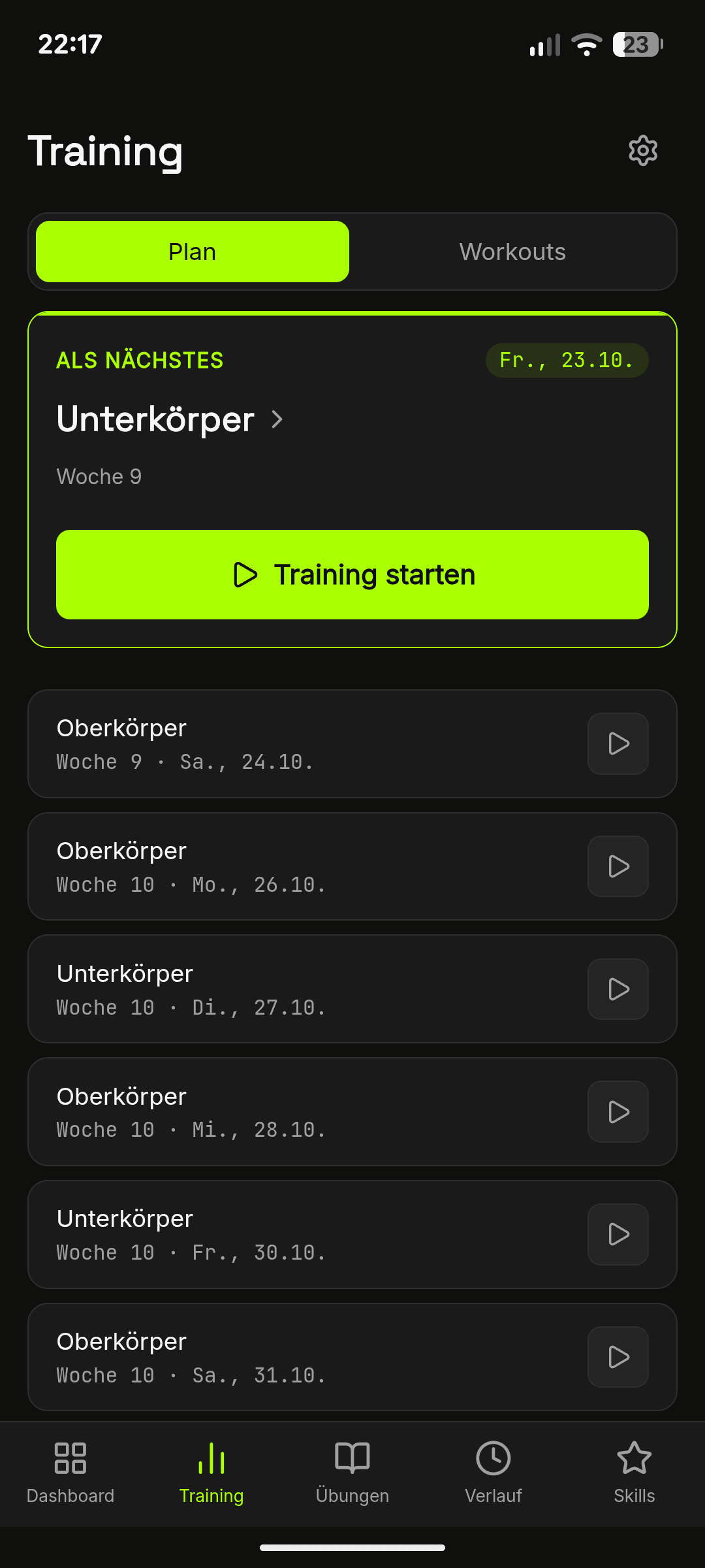 Trainings-Tab mit der nächsten Einheit